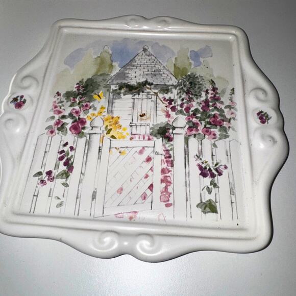 Pfaltzgraff Cottage Garden Wall Plaque – Floral Gate Scene, 9.5” - Picture 2 of 8